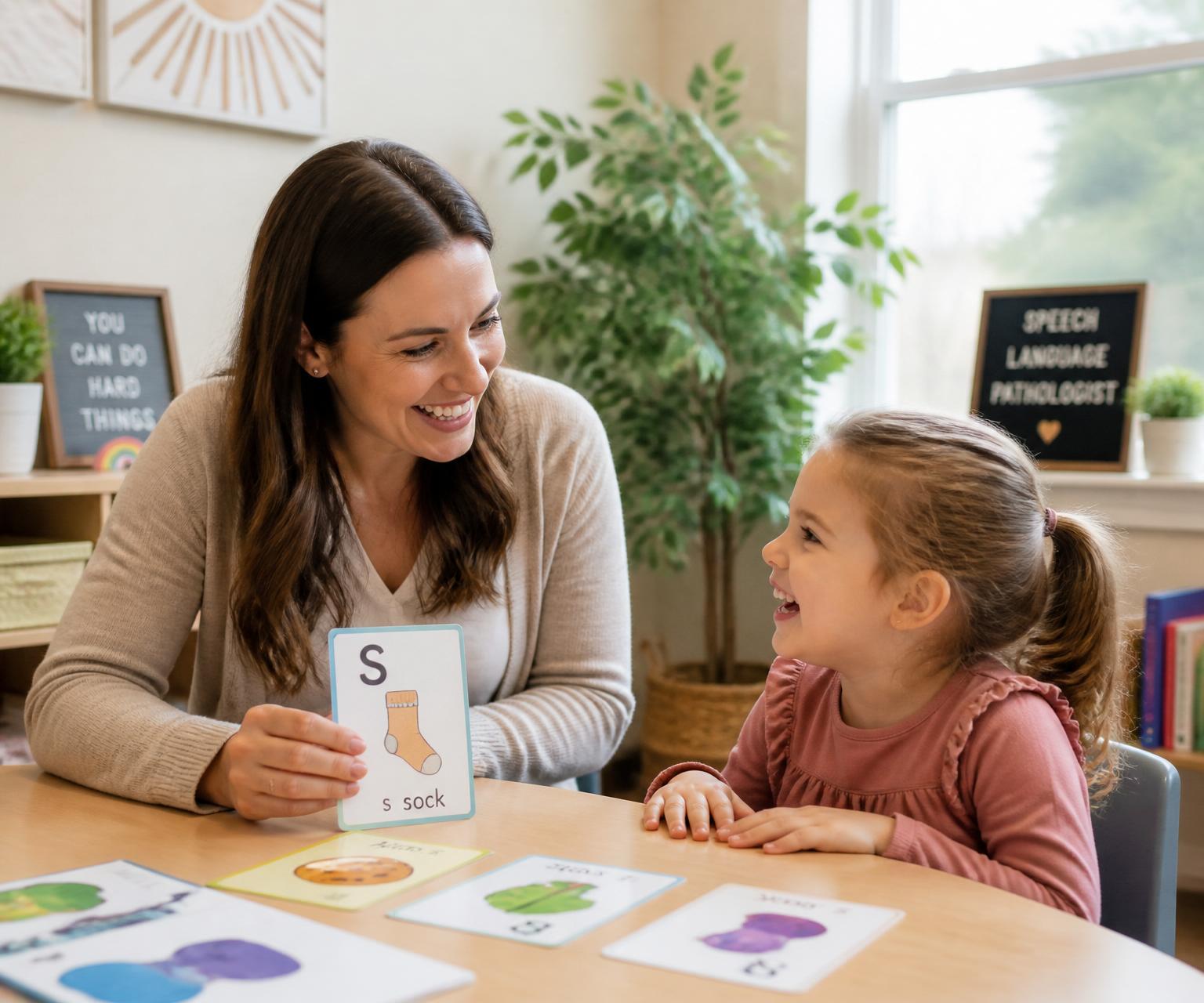 Speech therapist working with a smiling young student on articulation cards